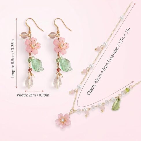 Premium 2-Piece Pink Flower Jewelry Set for Women, Dainty Cherry Blossom Pendant Necklace With Pearl, Botanical Leaf Dangle Earrings Wedding Accessories in Saudi Arabia