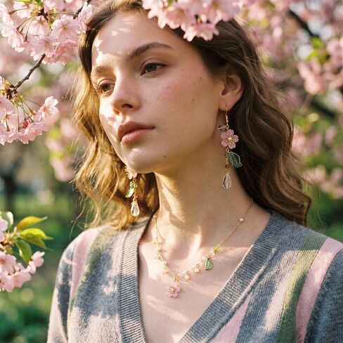 Premium 2-Piece Pink Flower Jewelry Set for Women, Dainty Cherry Blossom Pendant Necklace With Pearl, Botanical Leaf Dangle Earrings Wedding Accessories in Saudi Arabia