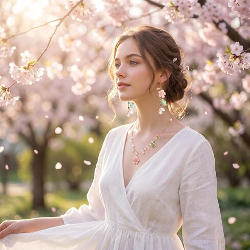 Premium 2-Piece Pink Flower Jewelry Set for Women, Dainty Cherry Blossom Pendant Necklace With Pearl, Botanical Leaf Dangle Earrings Wedding Accessories in Saudi Arabia