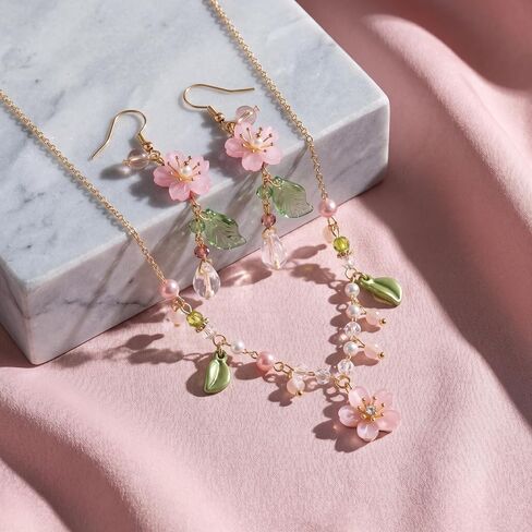Premium 2-Piece Pink Flower Jewelry Set for Women, Dainty Cherry Blossom Pendant Necklace With Pearl, Botanical Leaf Dangle Earrings Wedding Accessories in Saudi Arabia