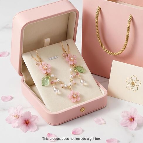 Premium 2-Piece Pink Flower Jewelry Set for Women, Dainty Cherry Blossom Pendant Necklace With Pearl, Botanical Leaf Dangle Earrings Wedding Accessories in Saudi Arabia