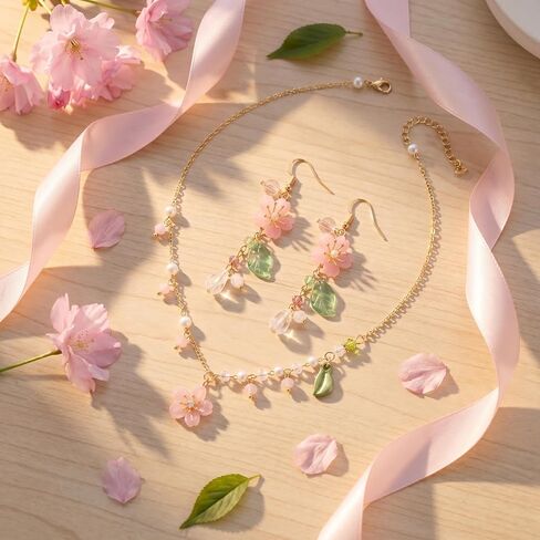 Premium 2-Piece Pink Flower Jewelry Set for Women, Dainty Cherry Blossom Pendant Necklace With Pearl, Botanical Leaf Dangle Earrings Wedding Accessories in Saudi Arabia