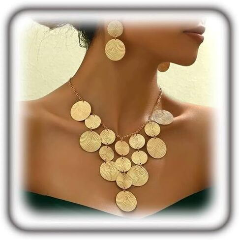 Gold Chunky Disc Drop Jewelry Set for Women, Adjustable Charm Choker Necklace Geometric Hammered Dangle Earrings Boho Vintage Statement Jewelry Gift in Saudi Arabia