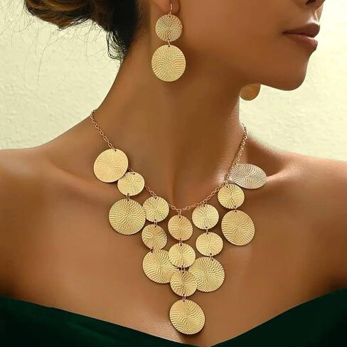 Gold Chunky Disc Drop Jewelry Set for Women, Adjustable Charm Choker Necklace Geometric Hammered Dangle Earrings Boho Vintage Statement Jewelry Gift in Saudi Arabia