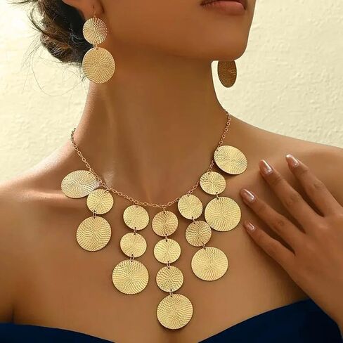 Gold Chunky Disc Drop Jewelry Set for Women, Adjustable Charm Choker Necklace Geometric Hammered Dangle Earrings Boho Vintage Statement Jewelry Gift in Saudi Arabia