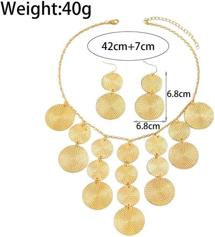 Gold Chunky Disc Drop Jewelry Set for Women, Adjustable Charm Choker Necklace Geometric Hammered Dangle Earrings Boho Vintage Statement Jewelry Gift in Saudi Arabia