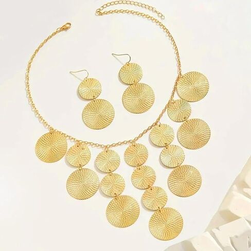 Gold Chunky Disc Drop Jewelry Set for Women, Adjustable Charm Choker Necklace Geometric Hammered Dangle Earrings Boho Vintage Statement Jewelry Gift in Saudi Arabia