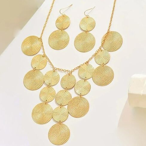 Gold Chunky Disc Drop Jewelry Set for Women, Adjustable Charm Choker Necklace Geometric Hammered Dangle Earrings Boho Vintage Statement Jewelry Gift in Saudi Arabia