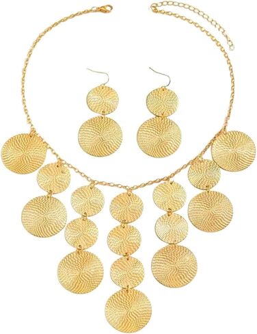Gold Chunky Disc Drop Jewelry Set for Women, Adjustable Charm Choker Necklace Geometric Hammered Dangle Earrings Boho Vintage Statement Jewelry Gift in Saudi Arabia