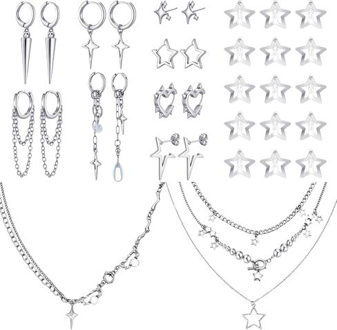 25 Pcs Y2k Silver Star Jewelry Set for Women Goth Grunge Punk Earrings Layered Necklace Hair Clips Tassel Chain Drop Star Hoops Gift in Saudi Arabia
