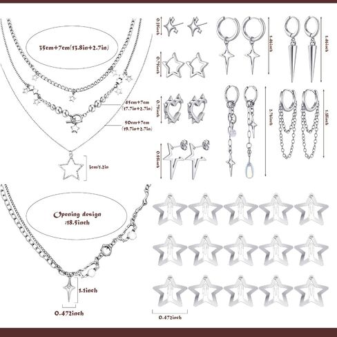 25 Pcs Y2k Silver Star Jewelry Set for Women Goth Grunge Punk Earrings Layered Necklace Hair Clips Tassel Chain Drop Star Hoops Gift in Saudi Arabia