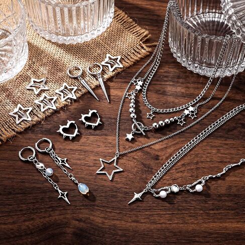 25 Pcs Y2k Silver Star Jewelry Set for Women Goth Grunge Punk Earrings Layered Necklace Hair Clips Tassel Chain Drop Star Hoops Gift in Saudi Arabia