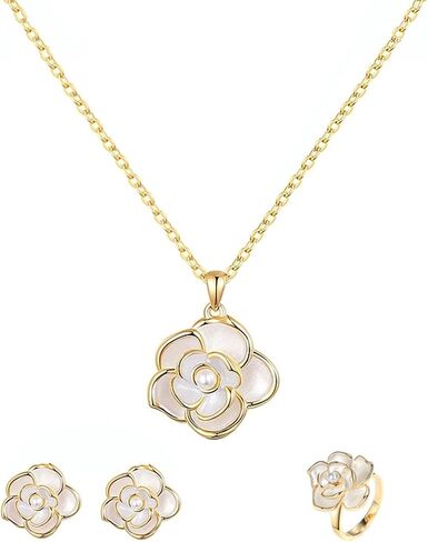 3 PCS Flower Earrings Necklace Rings Set for Women Gold Rose Flower Pendant Necklace Dainty Pearl Floral Stud Earrings Set Adjustable Pearl Floral Statement Rings Costume Prom Jewelry Accessories in Saudi Arabia