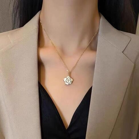 3 PCS Flower Earrings Necklace Rings Set for Women Gold Rose Flower Pendant Necklace Dainty Pearl Floral Stud Earrings Set Adjustable Pearl Floral Statement Rings Costume Prom Jewelry Accessories in Saudi Arabia