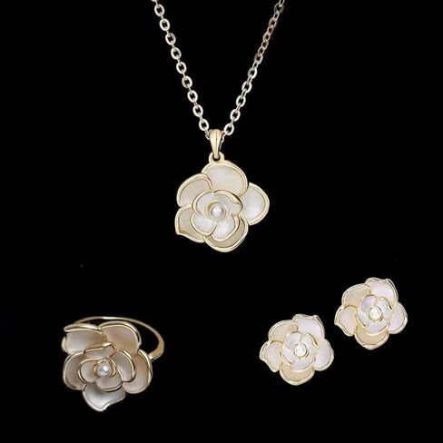 3 PCS Flower Earrings Necklace Rings Set for Women Gold Rose Flower Pendant Necklace Dainty Pearl Floral Stud Earrings Set Adjustable Pearl Floral Statement Rings Costume Prom Jewelry Accessories in Saudi Arabia