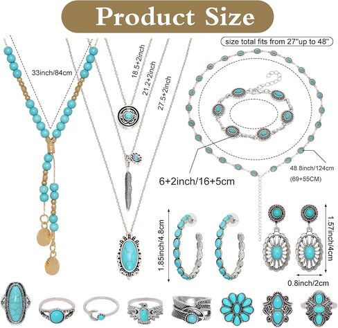 Avxdbr Bohemian Turquoise Jewelry Set for Women Western Jewelry Set Boho Necklace Bracelet Adjustable Belt Stackable Ring Vintage Drop Earrings in Kuwait