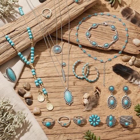 Avxdbr Bohemian Turquoise Jewelry Set for Women Western Jewelry Set Boho Necklace Bracelet Adjustable Belt Stackable Ring Vintage Drop Earrings in Kuwait