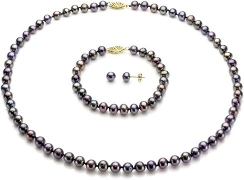 14k Yellow Gold 6-6.5mm Freshwater Cultured Pearl Necklace 18", 7" Bracelet and Stud Earrings Set in Saudi Arabia