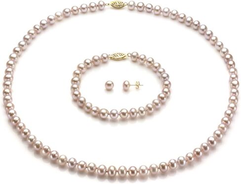 14k Yellow Gold 6-6.5mm Freshwater Cultured Pearl Necklace 18", 7" Bracelet and Stud Earrings Set in Saudi Arabia