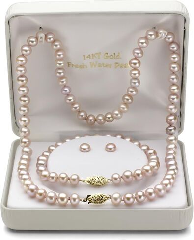 14k Yellow Gold 6-6.5mm Freshwater Cultured Pearl Necklace 18", 7" Bracelet and Stud Earrings Set in Saudi Arabia