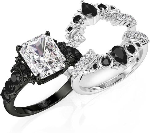 Jeulia Luna Astra Stackable Wedding Ring Set for Women, 5.2 CT Lab Created Cz Engagement & Bridal Bands, Moon and Star Radiant Cut Design in 925 Sterling Silver, Gift Box in Kuwait