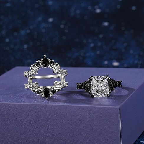 Jeulia Luna Astra Stackable Wedding Ring Set for Women, 5.2 CT Lab Created Cz Engagement & Bridal Bands, Moon and Star Radiant Cut Design in 925 Sterling Silver, Gift Box in Kuwait