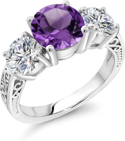 Gem Stone King 3.18 Cttw Purple Amethyst and Lab Grown Diamond 3-Stone Engagement Ring For Women | 925 Sterling Silver | Round 8MM | Wedding Engagement Anniversary Promise Ring For Women in Kuwait