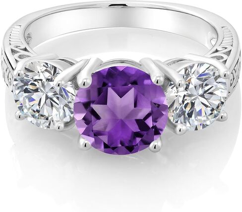Gem Stone King 3.18 Cttw Purple Amethyst and Lab Grown Diamond 3-Stone Engagement Ring For Women | 925 Sterling Silver | Round 8MM | Wedding Engagement Anniversary Promise Ring For Women in Kuwait