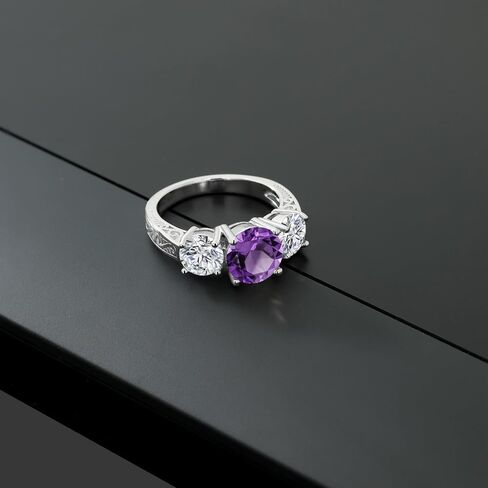 Gem Stone King 3.18 Cttw Purple Amethyst and Lab Grown Diamond 3-Stone Engagement Ring For Women | 925 Sterling Silver | Round 8MM | Wedding Engagement Anniversary Promise Ring For Women in Kuwait