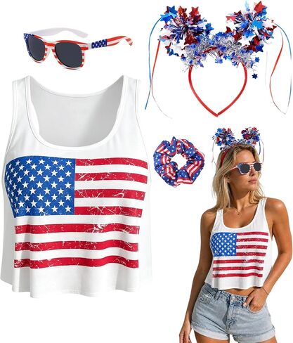4th of July Outfits for Women - Patriotic Flag Tank Top with Headband Glasses Scrunchies for Independence Day in Saudi Arabia