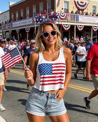 4th of July Outfits for Women - Patriotic Flag Tank Top with Headband Glasses Scrunchies for Independence Day in Saudi Arabia