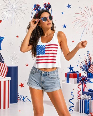 4th of July Outfits for Women - Patriotic Flag Tank Top with Headband Glasses Scrunchies for Independence Day in Saudi Arabia