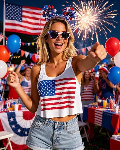 4th of July Outfits for Women - Patriotic Flag Tank Top with Headband Glasses Scrunchies for Independence Day in Saudi Arabia