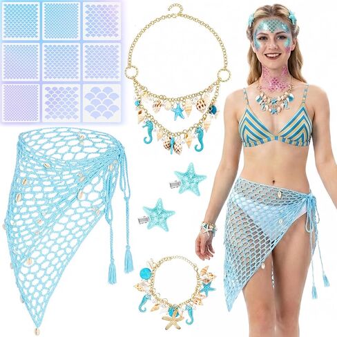 14 Pcs Mermaid Costume Accessories Set for Women, Blue Women Beach Mermaid Outfits with Makeup Stencils, Mermaids Crochet Skirt Necklaces Bracelets Hairclips for Summer Beach Halloween Party Costumes in Saudi Arabia