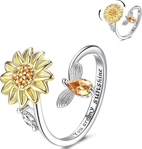 Sunflower Fidget Ring for Anxiety Relief, Japanese Yamanashi S925 Sterling Silver Spinner Ring for Women, Mirror-Polished Stress Relief Jewelry, Symbol of Hope, Calm & Positive Energy in Saudi Arabia