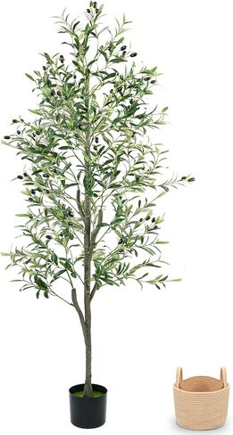 Olive Trees Artificial Indoor 6FT, Faux Olive Tree with Woven Basket & Natural-Looking Wood Trunk, Realistic Leaves & Fruits, Maintenance-Free Tall Fake Olive Tree for Modern Home Office Decor in Kuwait