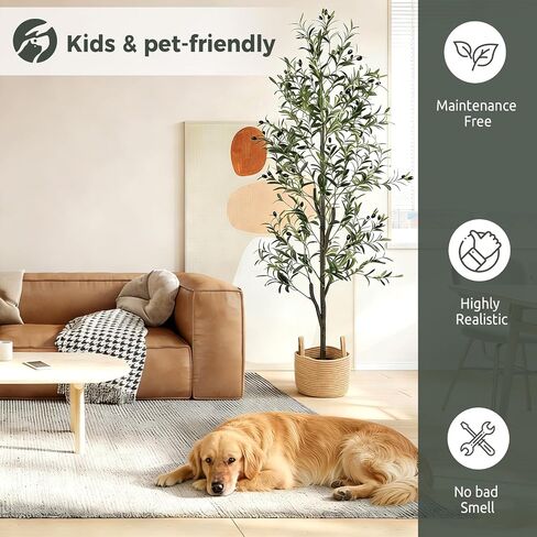 Olive Trees Artificial Indoor 6FT, Faux Olive Tree with Woven Basket & Natural-Looking Wood Trunk, Realistic Leaves & Fruits, Maintenance-Free Tall Fake Olive Tree for Modern Home Office Decor in Kuwait