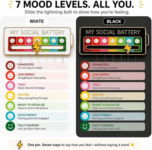 2 Pcs My Social Battery Creative Badge,Funny Social Battery Pin for 7 Days，Emotional Mood Funny Pins for Backpacks, Jackets, Bags, or Any Fabric Surface,Gifts in Kuwait