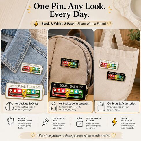 2 Pcs My Social Battery Creative Badge,Funny Social Battery Pin for 7 Days，Emotional Mood Funny Pins for Backpacks, Jackets, Bags, or Any Fabric Surface,Gifts in Kuwait