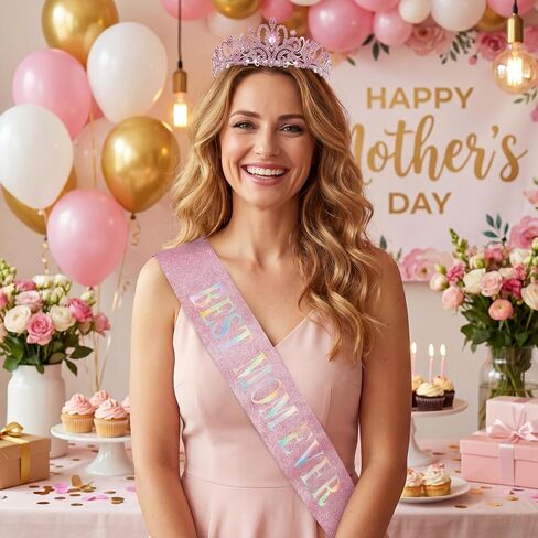 Mother's Day Sash and Crown Set - Best Mom Ever Sash with Tiara, Mother's Day Gift, Birthday Queen Tiara for Women, Mom Party Decorations, Elegant Crown Set in Saudi Arabia
