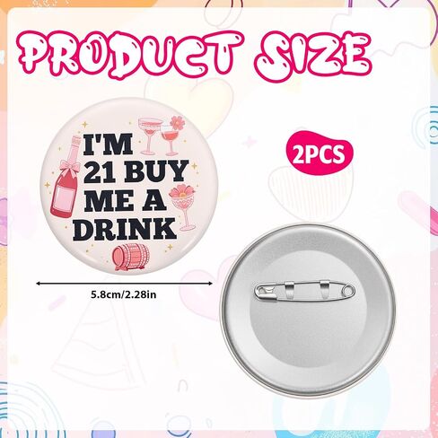 قطعتان من دبوس عيد الميلاد I'm 21 BUY ME A DRINK، ديكورات حفلات عيد الميلاد الحادي والعشرين | دبوس شارة مضحك مقاس 2.3 بوصة للنساء هدية ديكور الحفلات in Kuwait
