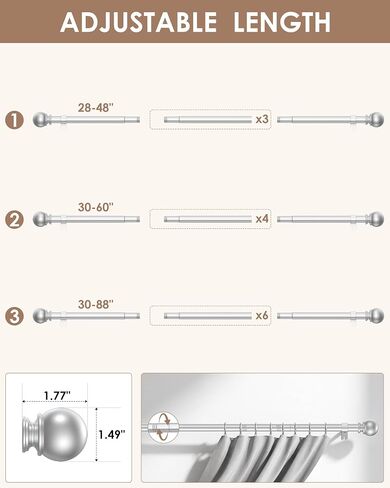 2 Pack Curtain Rod 28 to 48 Inch,5/8 Inch Diameter Adjustable Silver Curtain Rod.Exquisitely Crafted,Not Prone to Bending or Deformation,simple and stylish.Simple Curtain Rods Suitable for Windows in Saudi Arabia