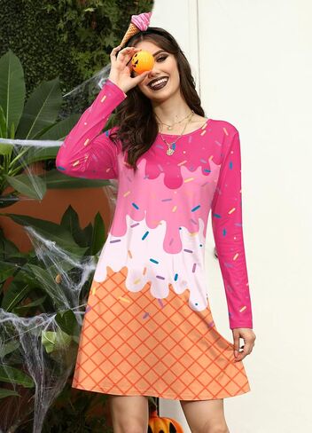ALIREVERIE Women's Halloween Funny Headband Food Fruit Print Costume Long Sleeve Mini Dress with Pockets in Saudi Arabia