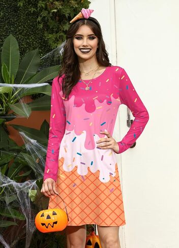 ALIREVERIE Women's Halloween Funny Headband Food Fruit Print Costume Long Sleeve Mini Dress with Pockets in Saudi Arabia