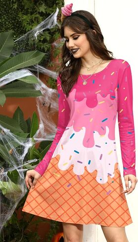 ALIREVERIE Women's Halloween Funny Headband Food Fruit Print Costume Long Sleeve Mini Dress with Pockets in Saudi Arabia
