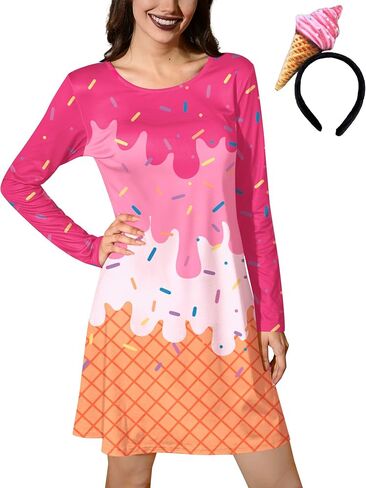 ALIREVERIE Women's Halloween Funny Headband Food Fruit Print Costume Long Sleeve Mini Dress with Pockets in Saudi Arabia