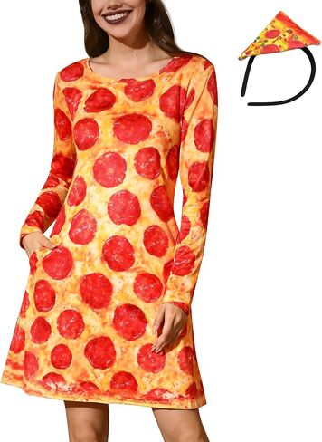 ALIREVERIE Women's Halloween Funny Headband Food Fruit Print Costume Long Sleeve Mini Dress with Pockets in Saudi Arabia