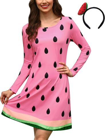 ALIREVERIE Women's Halloween Funny Headband Food Fruit Print Costume Long Sleeve Mini Dress with Pockets in Saudi Arabia
