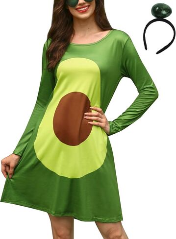 ALIREVERIE Women's Halloween Funny Headband Food Fruit Print Costume Long Sleeve Mini Dress with Pockets in Saudi Arabia