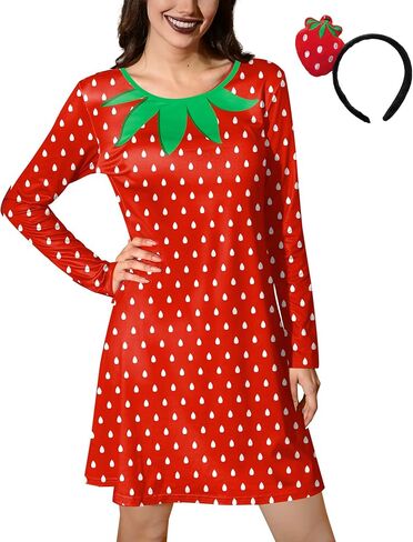 ALIREVERIE Women's Halloween Funny Headband Food Fruit Print Costume Long Sleeve Mini Dress with Pockets in Saudi Arabia